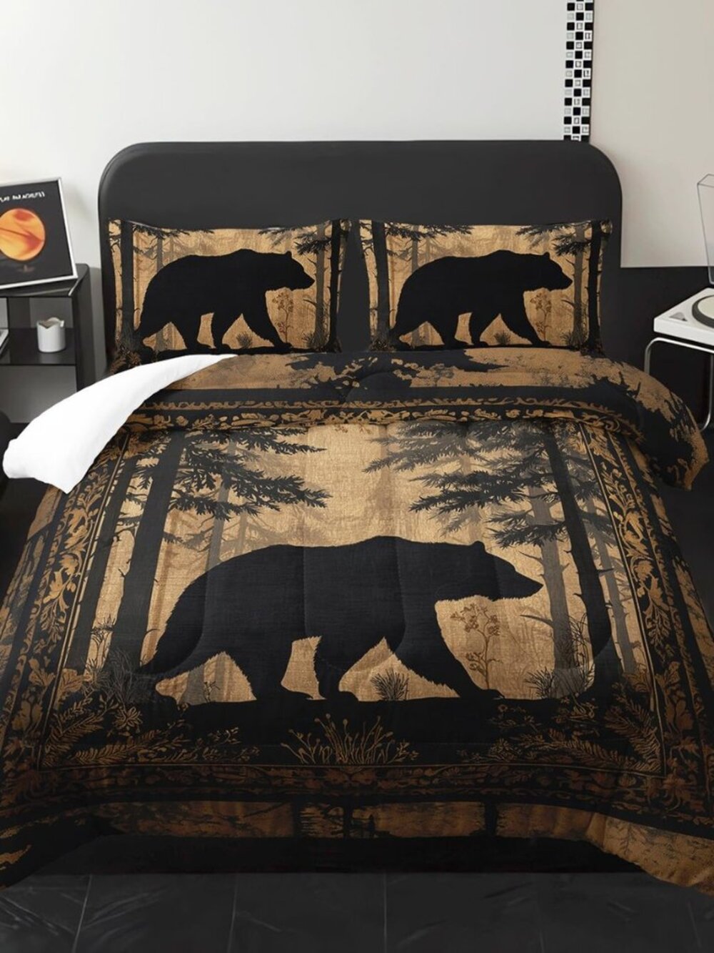 Black Bears Hunting Animal Comforter 3Pcs Twin for Kid Teen Girl Boy Adult